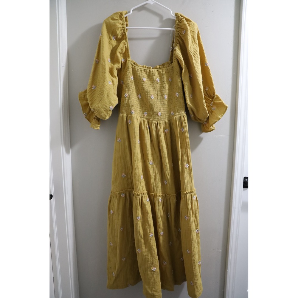 Listicle Yellow Smocked Square Neck Midi Dress Embroidered Puff Sleeve